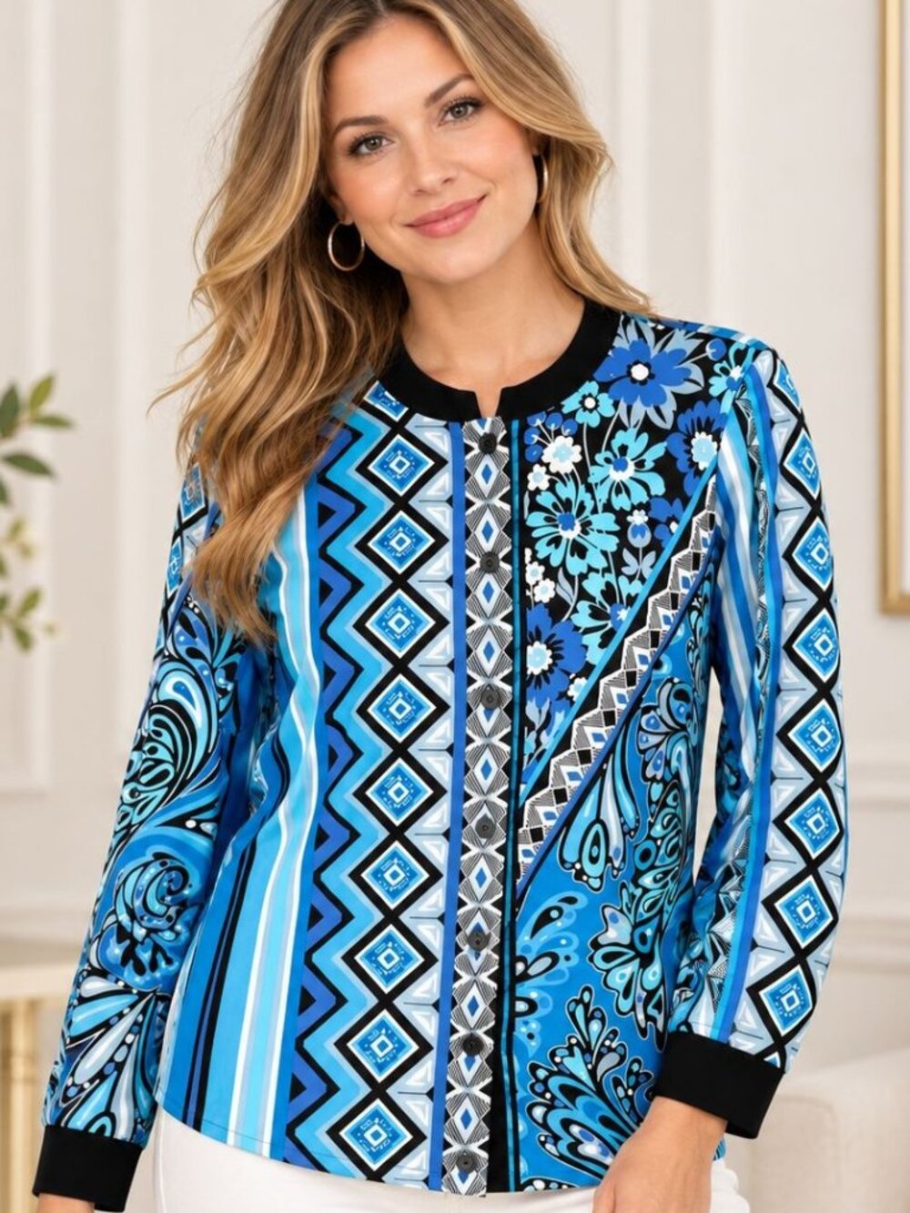 Bob Mackie Wearable Art Womens XS Blue Geometric Paisley Button Front Blouse